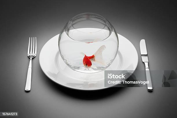 Foto de Goldfish Servido Em Um Prato Comida Restaurante Fork Faca De Mesa e mais fotos de stock de Peixinho Dourado