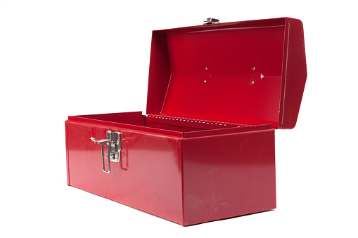 Red metal toolbox isolated on white.