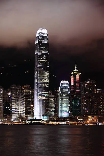 Hong kong night vision of few amazing buildings illuminated at night.