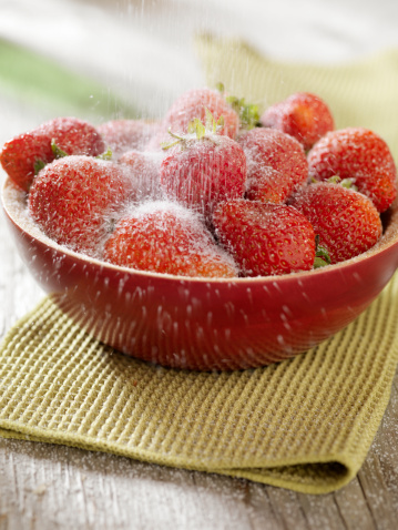Fresh Strawberries being Sprinkled with Sugar - Photographed on Hasselblad H3D2-39mb Camera