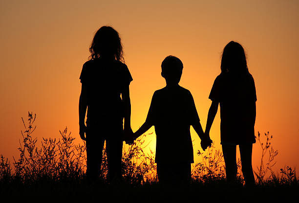 Silhouette of girl flying kite in savanna, at sunset, distant view