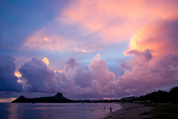 View of a peaceful sunset and waves on Shell Beach, Saint Barthélemy (St. Barts)