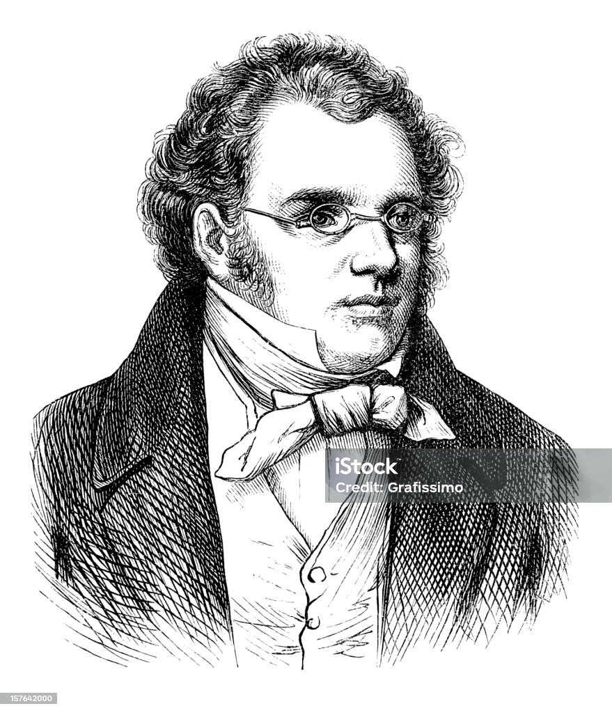 Grabado de compositor Franz Schubert en 1870 - Ilustración de stock de Blanco y negro libre de derechos