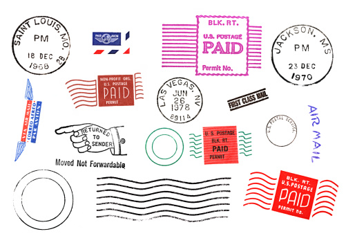 Variedad de marcas de correo Postal y sellos photo