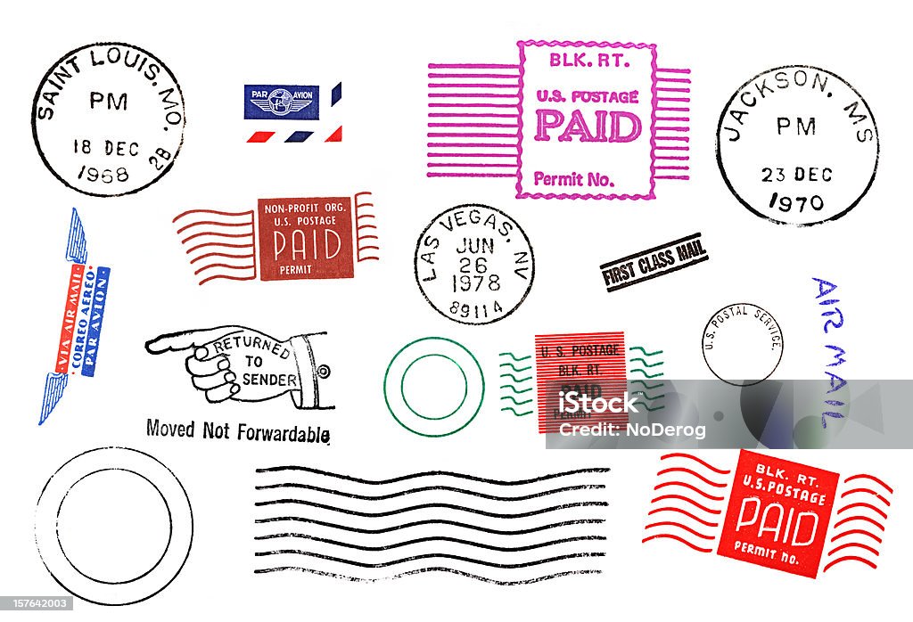 Variety of Postal mail marks and stamps Postmarks and bulk rate postage stamps on a white background. This image Includes several Bulk Rate postage postmarks, a non-profit postage stamp, several air mail marks, a Returned to Sender postmark, a wavy line cancellation mark,  three vintage city postmarks for St. Louis,  Las Vegas, and Jackson, MS, a First Class Mail stamp, a blank circle postmark and a US Postal Service circular postmark. All clean on white background, easy to add to your designs.   Postage Stamp Stock Photo