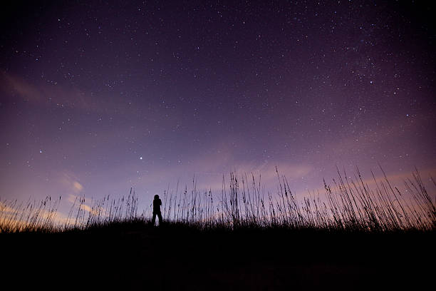 solitary figura admira o céu em uma clara estrelado - beach cumberland island environment tranquil scene - fotografias e filmes do acervo