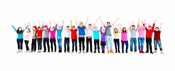 istock Teenagers standing in a line with hands raised 157642348