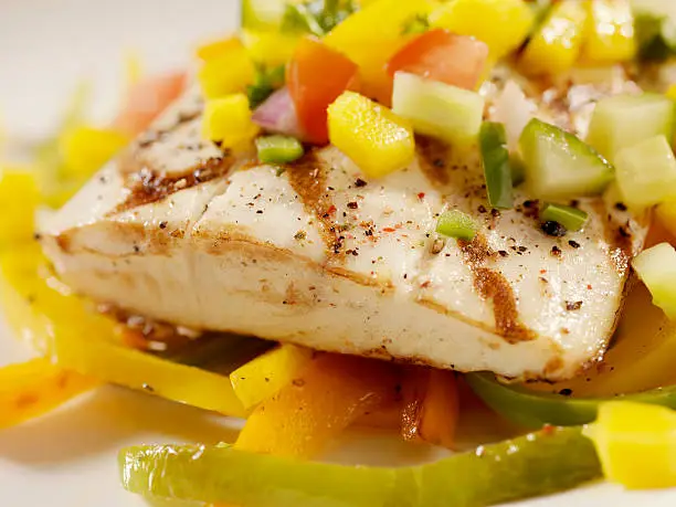 Grilled Halibut with Mango Salsa and Roasted Peppers - Photographed on Hasselblad H3D2-39mb Camera