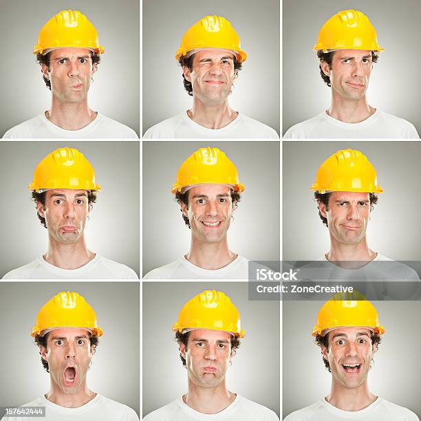Square Junger Mann Emotion Expressions Setgrau Hintergrund Mit Er Stockfoto und mehr Bilder von Industrieberuf