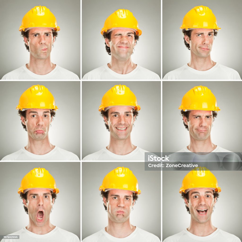 Pies de hombre joven emoción expresiones de fondo gris con él - Foto de stock de Oficio de fabricación libre de derechos