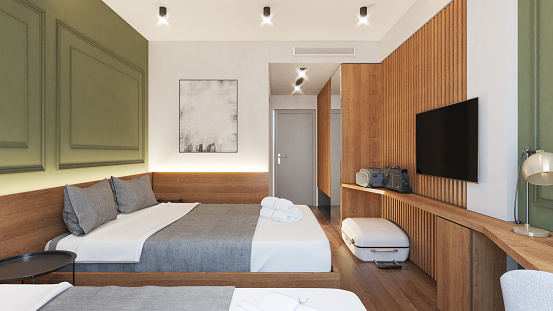 Computer generated image of Hotel Room. Modern, minimalist, business hotel in the downtown. Architectural Visualization. 3D rendering.