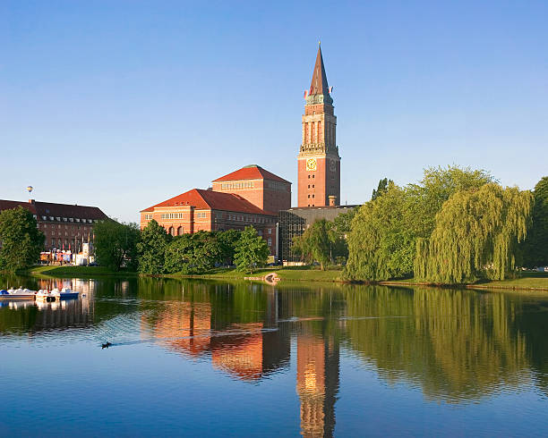 View from the historic brick Gothic City Hall in Berlin Koepenick at sunny blue sky