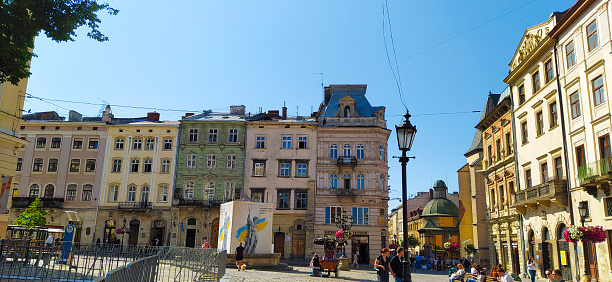 Lviv, Ukraine - May 31, 2023: The people going at historical center in Lviv, Ukraine on May 31, 2023