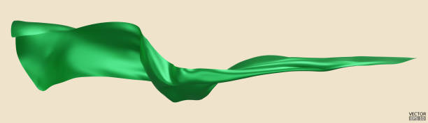 istock Flying green silk textile fabric flag background. Smooth elegant green Satin Isolated on beige Background for grand opening ceremony. Green curtain. 3d vector illustration 1576427343