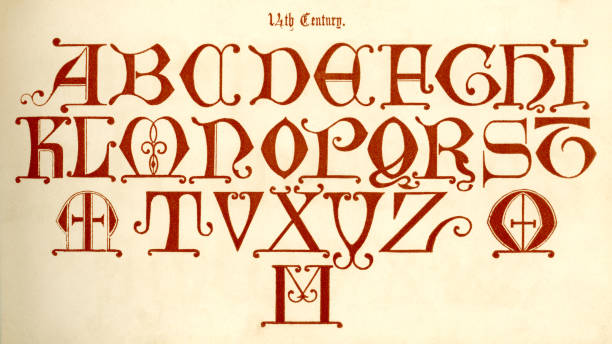 14. jahrhundert alphabet (in großbuchstaben - manuscript medieval medieval illuminated letter old stock-grafiken, -clipart, -cartoons und -symbole