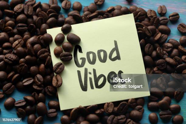 Good Vibes With Coffee Crop Stock Photo - Download Image Now - Adhesive Note, Backgrounds, Black Color