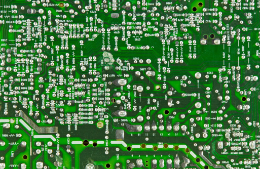 Circuits and microchips of an electronic device. (Close up).