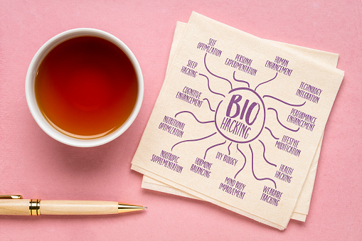 biohacking infographics or mind map sketch on a napkin with tea, personal development, health and performance concept