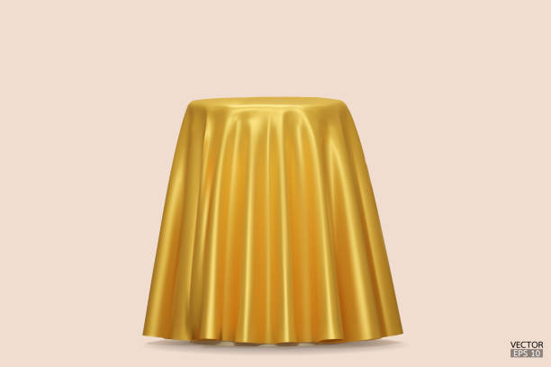 istock Podium covered with a piece of yellow silk isolated on beige background. Realistic box covered with yellow cloth. Podium for product, cosmetic presentation. Creative mock up. 3d vector illustration. 1576430638