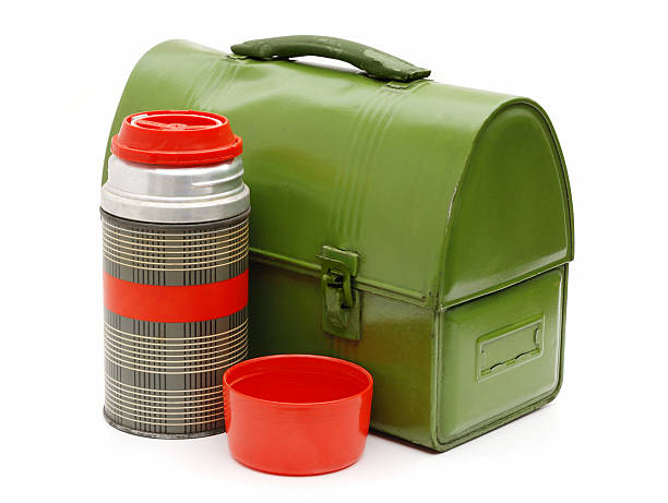 workman vintage e thermos lunchbox - lunch box box old green imagens e fotografias de stock