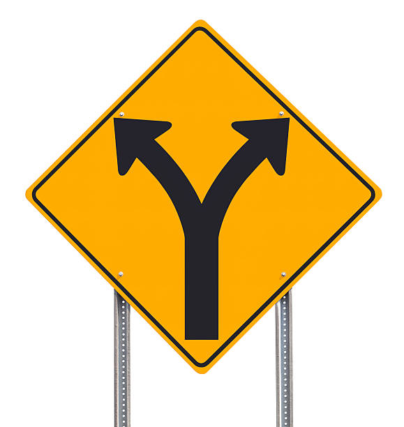 istock Division or Choice Ahead Traffic Sign Post Isolated on White 157643236