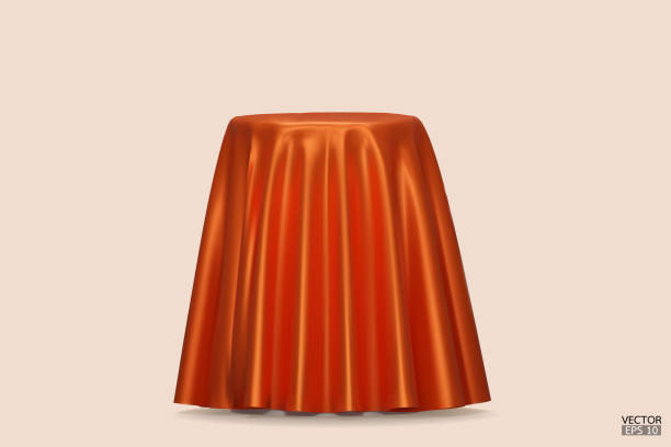 istock Podium covered with a piece of orange silk isolated on beige background. Realistic box covered with orange cloth. Podium for product, cosmetic presentation. Creative mock up. 3d vector illustration. 1576432865