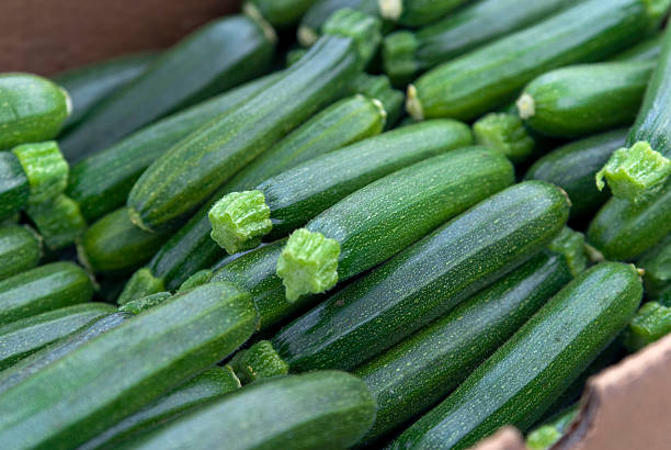 ズッキーニ、オーガニック野菜のファーマーズマーケット：健康的な食事の背景 - zucchini ストックフォトと画像