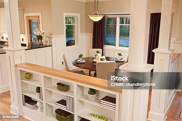 Bookcase Divides Modern Dining Room Stock Photo - Download Image Now - Shelf, Curtain, No People