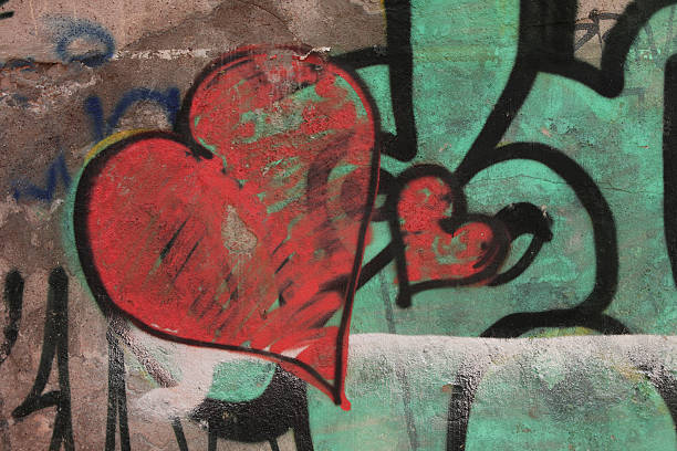 istock Red graffiti hearts on old wall - Love Concept 157643734