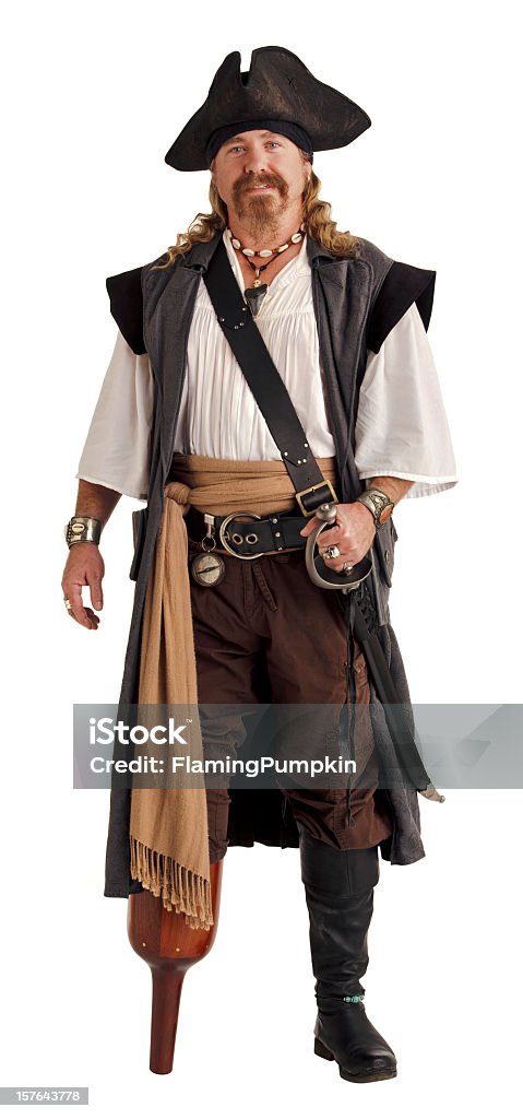 Pirate with a Wooden Pegleg. Isolated on White. Pirate with a wooden Pegleg. This re-enactor really looks the part... not  Pirate - Criminal Stock Photo