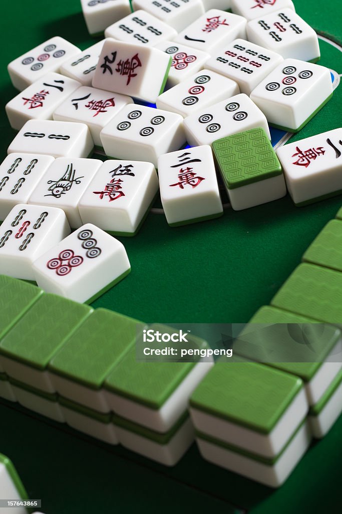 Close up ad green themed Mahjong tiles Mahjong is most popular game in east asian Mahjong Stock Photo