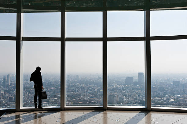 biznesmen z aktówka patrząc na miasto przez wielkie okna, japonia - tokyo prefecture building exterior high angle view tokyo tower zdjęcia i obrazy z banku zdjęć