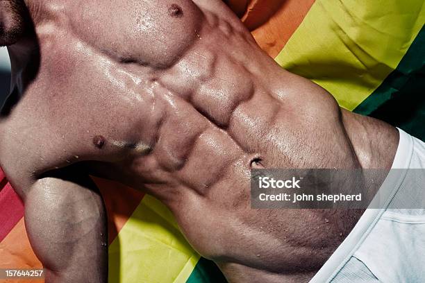 Foto de Gay Hunk Muscular Segurando Bandeira Arcoíris e mais fotos de stock de Adulto - Adulto, Bandeira do arco-íris, Desaturated