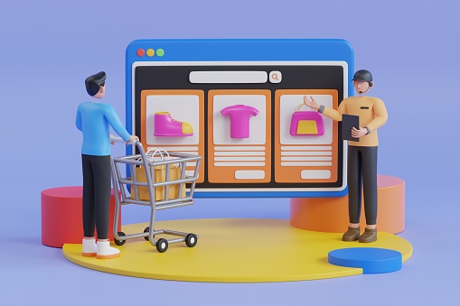 3D Illustration of Live Commerce, E-commerce and Online Selling. Influencers sell goods while broadcasting live on mobile sites