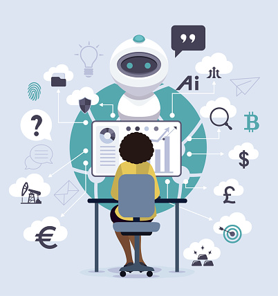 New Business Concept. Technology and finance trends. African American Businesswoman with robot analyzing statistics graph on digital screen business data analysis monitoring investment.
