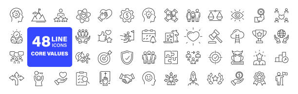 ilustraciones, imágenes clip art, dibujos animados e iconos de stock de conjunto de valores centrales de iconos web en estilo de línea. iconos de valores fundamentales para aplicaciones web y móviles. desempeño, innovación, objetivos, integridad, cliente, compromiso, calidad, trabajo en equipo. ilustración vectorial - culturas