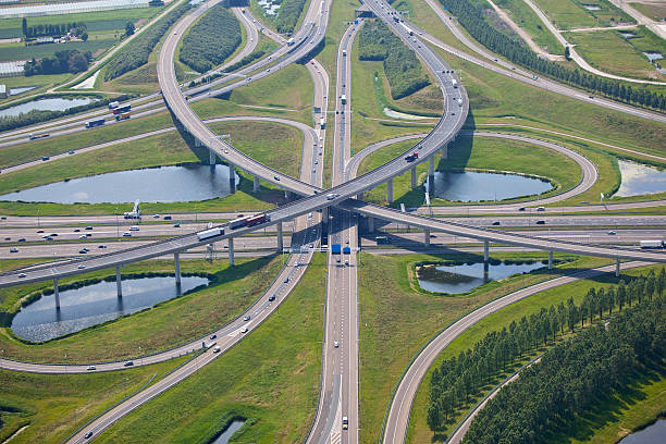 Complex freeway intersection and overpasses stock photo