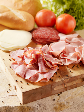 Italian Meats with Cheese and Vegetables, Capocollo, Genoa Salami, Mortadella, Mozzarella Cheese, Lettuce and Tomatoes -Photographed on Hasselblad H3D2-39mb Camera