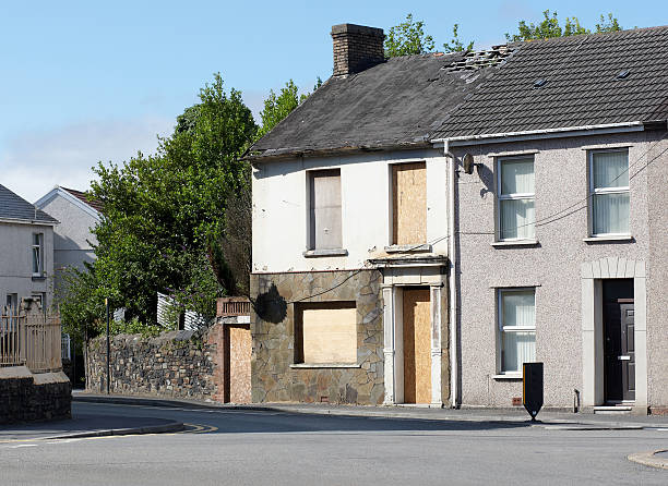 Typical UK terraced housing street derelict stock photo