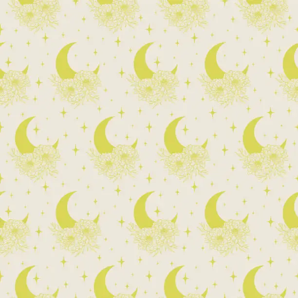 Vector illustration of Moon with flowers and stars yellow seamless pattern