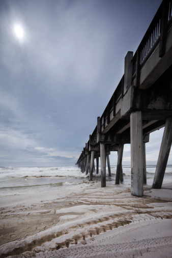 Wide angle shot of concrete pier on the beach and stormy sky.