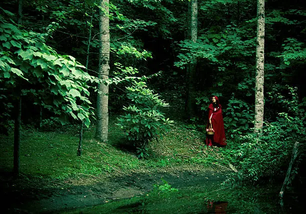 not so Little Red Riding Hood lost in the forest, looking over her shoulder worried about a predator