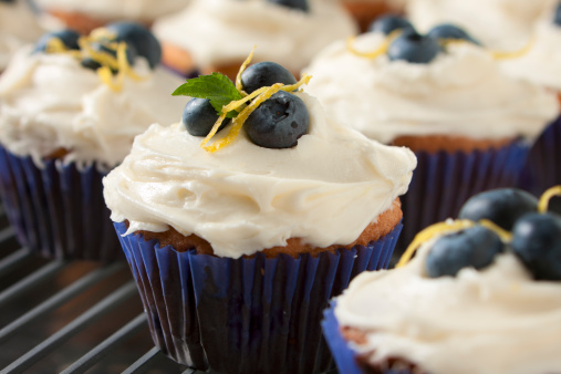 Blueberry and lemon  cupcakes fresh out of the oven.