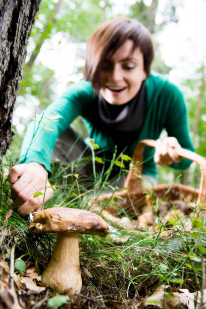 Young woman happy to find a mushroom (bolete). Very shallow depth of field, focus is set at the mushrooum in foreground.
