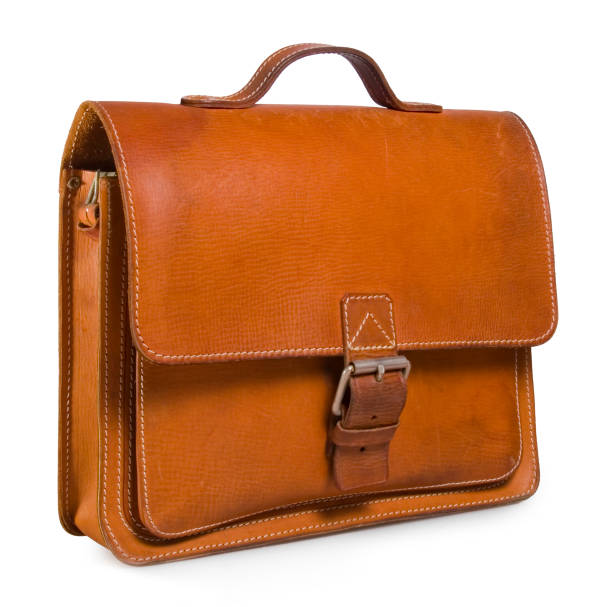 istock Brown leather satchel against a plain white background 157646456