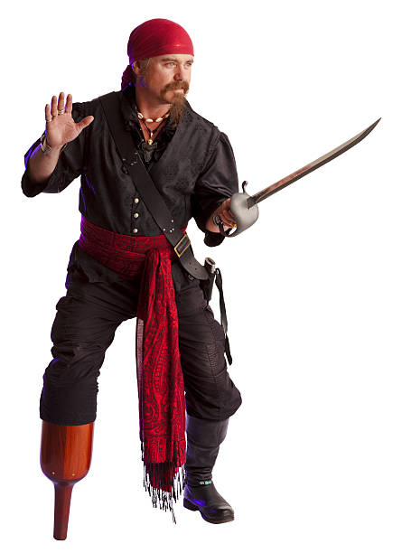 Pirate with a wooden Peg-leg preparing to swordfight. There is a purple edge light coming in from the left.