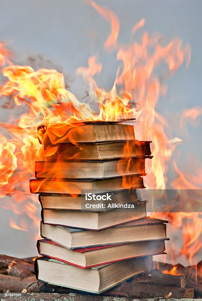 stack of hardcover burning books  Book Stock Photo