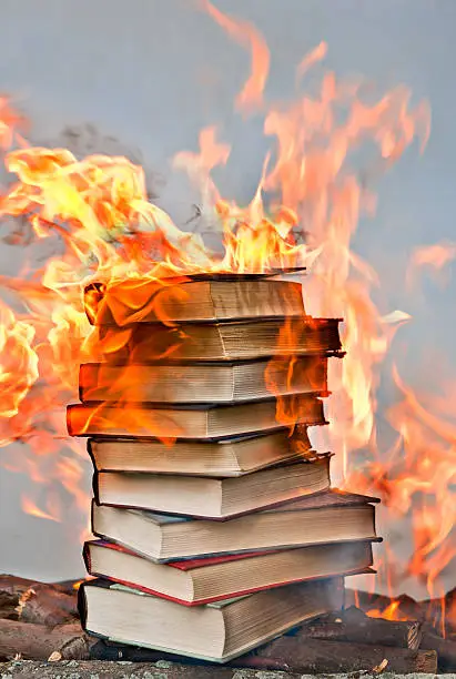 Photo of stack of hardcover burning books