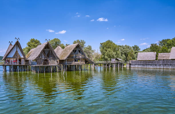 unteruhldinghen, Germany - june 14, 2023: Reconstruction of  a prehistoric village on stilts on the Constance lake