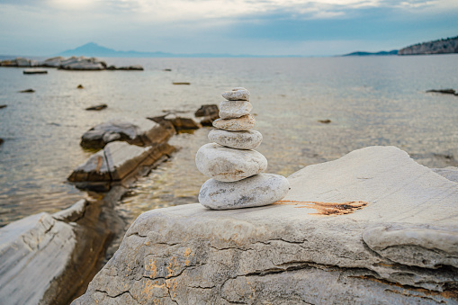 Stone composition on the beach in Aliki, Thasos Island